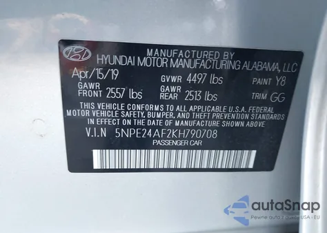 2019 Hyundai Sonata Se z USA, uszkodzony, nr VIN 5NPE24AF2KH790708